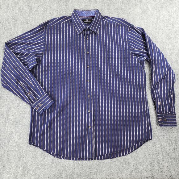 Bugatchi Uomo Shirt Mens 2XL Blue Brown Striped Long Sleeve Button Up Preppy - Picture 2 of 16